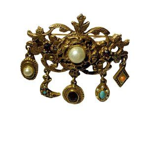 Goldette Jewelry Gold Tone Brooch with Hanging Charms Vintage